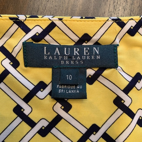 Lauren Ralph Lauren Dress Size 10 Faux Wrap Cinched Side Yellow Squares Midi - Picture 12 of 13
